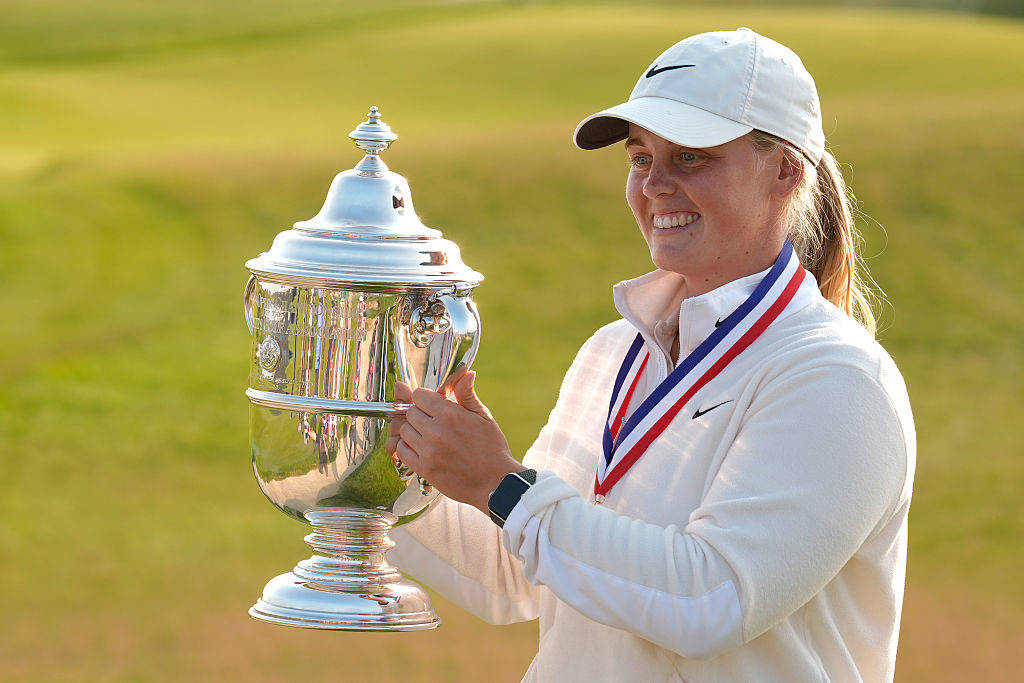 Maja Stark poses with the trophy after winning the US Women's Open in 2025